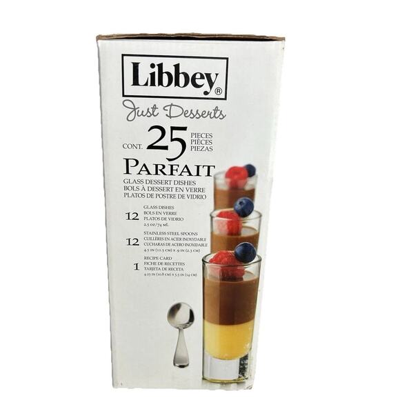 New Libbey Just Desserts Parfait Glass Dishes Spoons 25 Pieces Recipe Card NIB - Picture 7 of 11